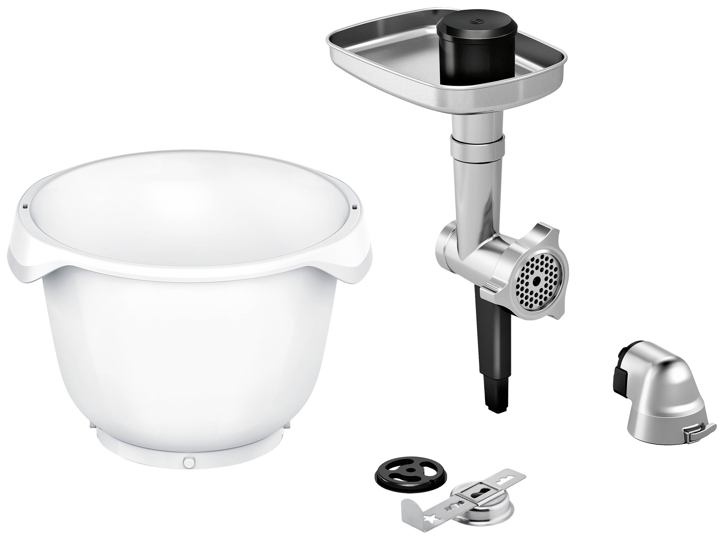 Accessoires van een keukenmachine: Een witte mengkom, een vleesmolen-opzetstuk, een spatscherm en kleinere bevestigingsonderdelen.