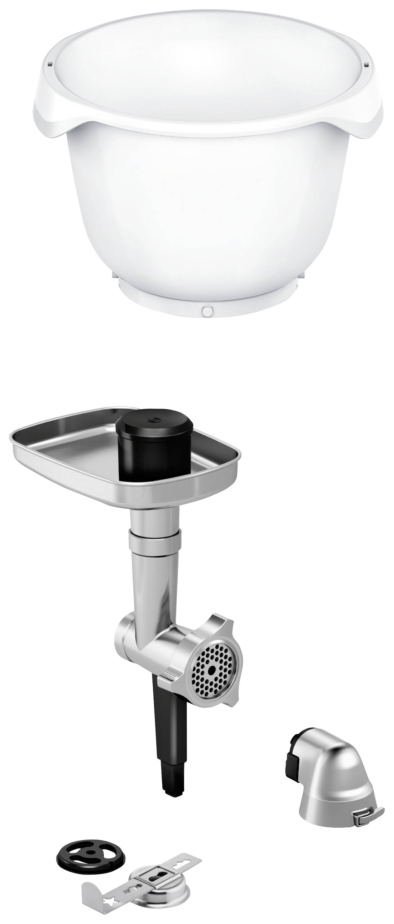 Keukenmachine-accessoires: Een witte mengkom en een zilveren vleesmolen-opzetstuk met verschillende onderdelen.