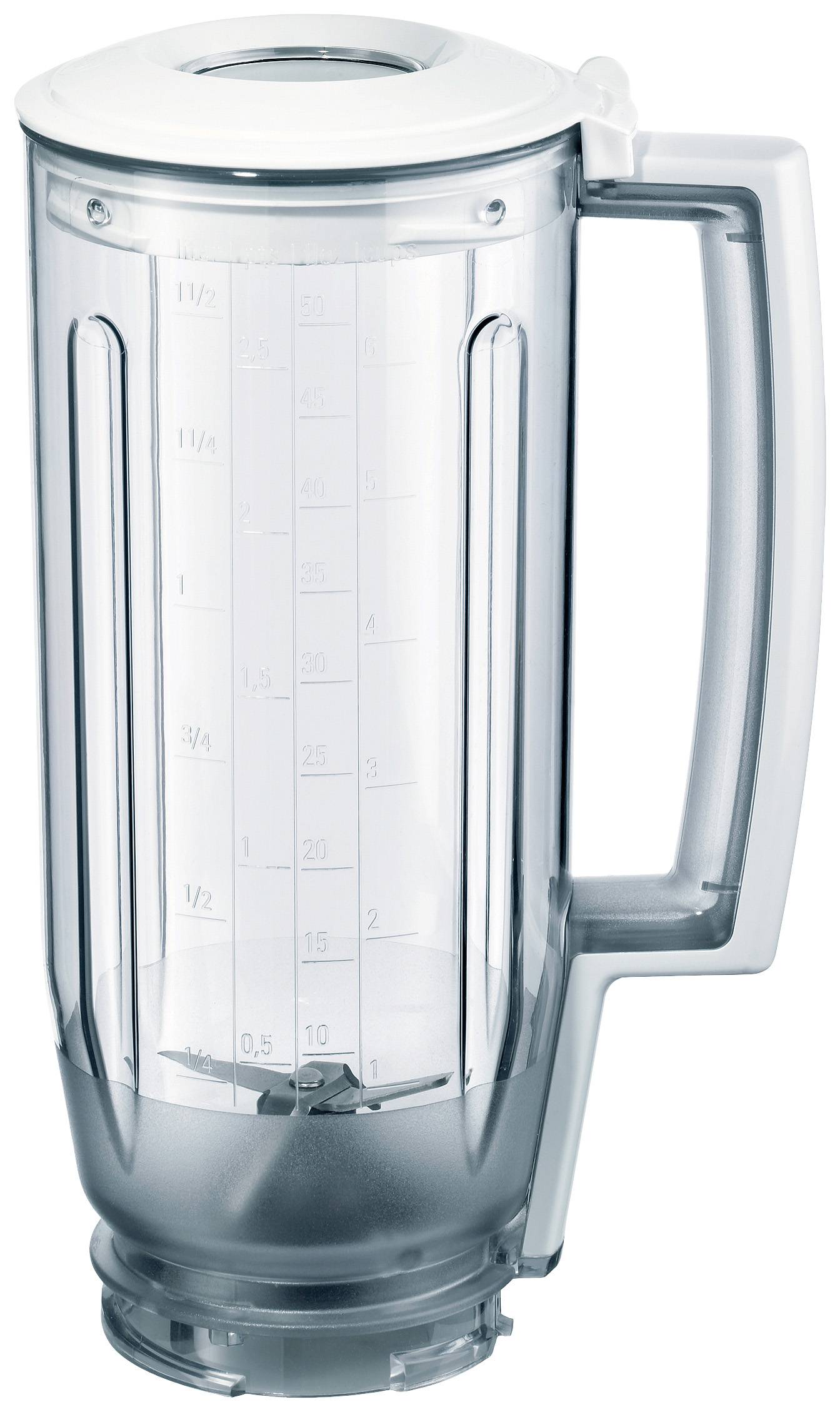 Een transparante mengbeker met handgreep, schaalverdeling voor metingen en metalen messen aan de binnenkant. Ideaal voor het bereiden van smoothies.