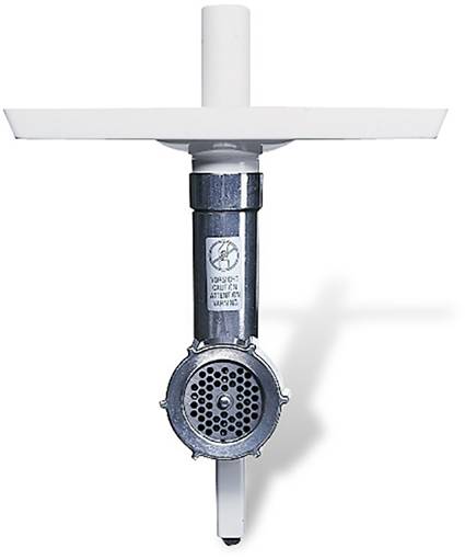 Een metalen sensor hangt neer van een witte oppervlakte. De sensor heeft een ronde, roosterachtige punt.