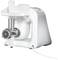 Elektrische vleesmolen in wit en zilver. Beschikt over een metalen snijinzetstuk en een opvangschaal bovenaan. Ideaal voor werkzaamheden in de keuken.