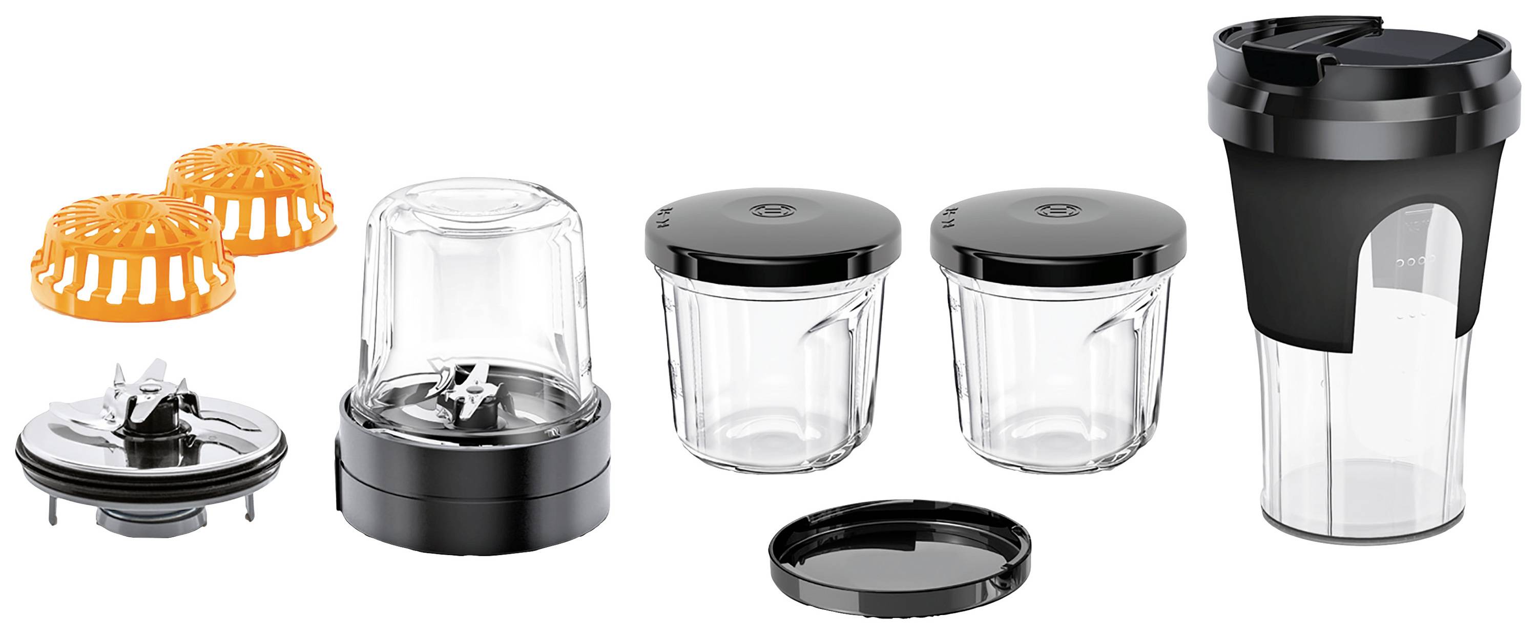 Mixerset bestaande uit twee kleine mengbekers met zwarte deksels, een grote beker met drinkdeksel, toebehoren en mesopzetstukken.