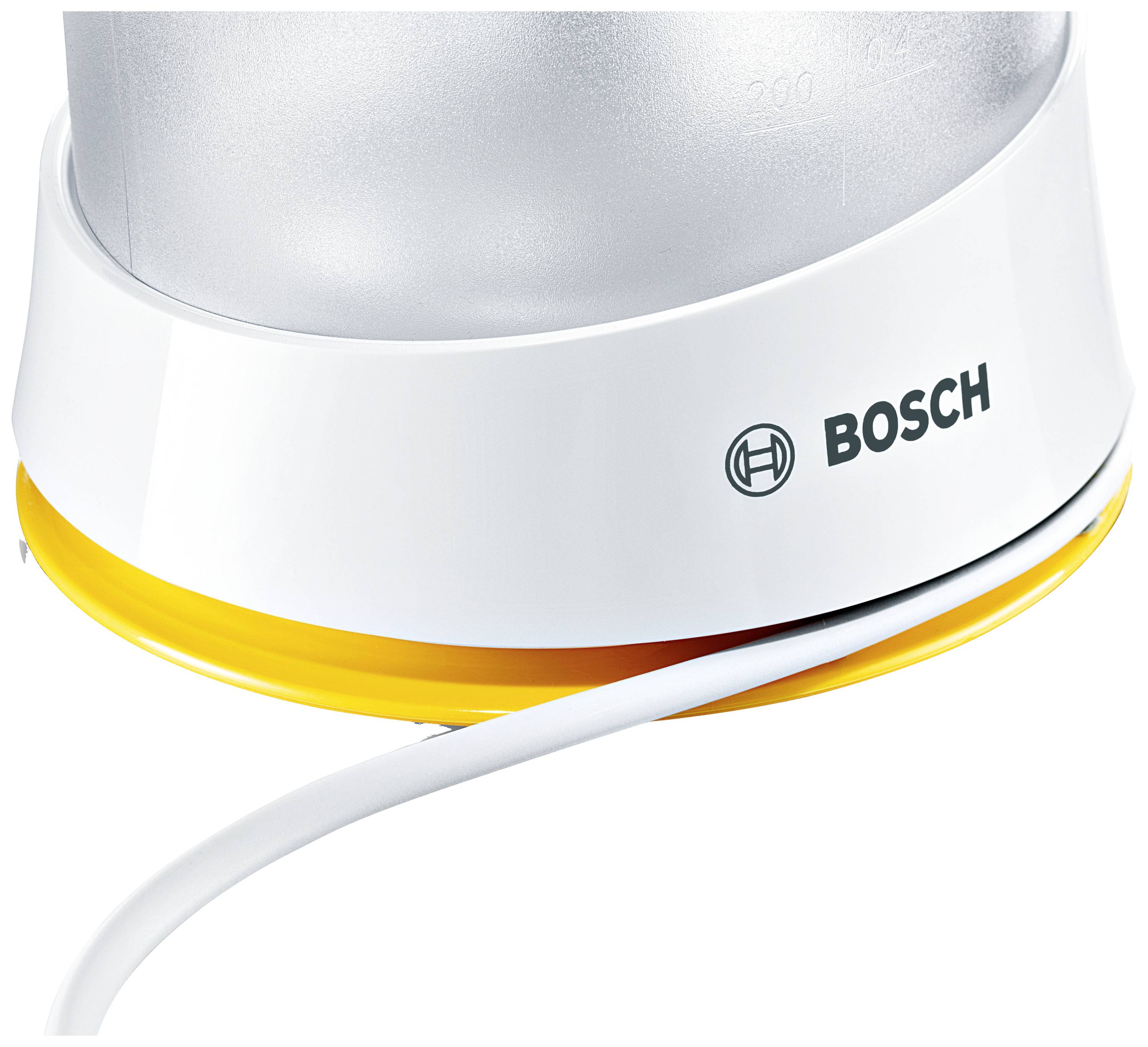 Een wit huishoudelijk apparaat met een gele bodem en stroomkabel, voorzien van het 'BOSCH' logo aan de zijkant.