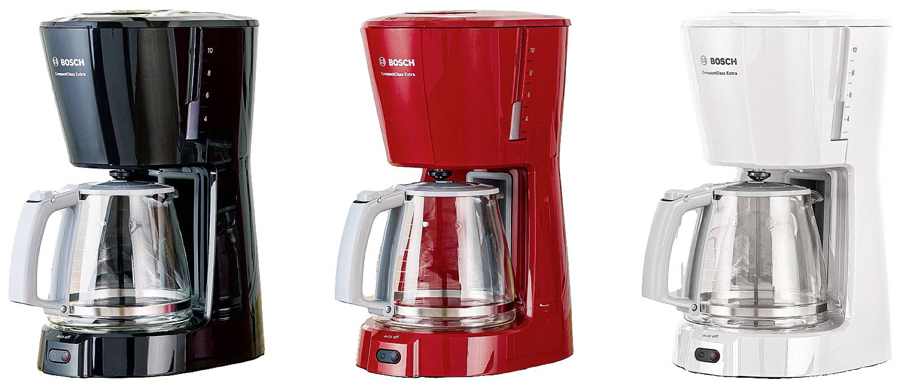 Drie koffiemachines in zwart, rood en wit. Alle modellen hebben een glazen kan en vergelijkbare bedieningspanelen.