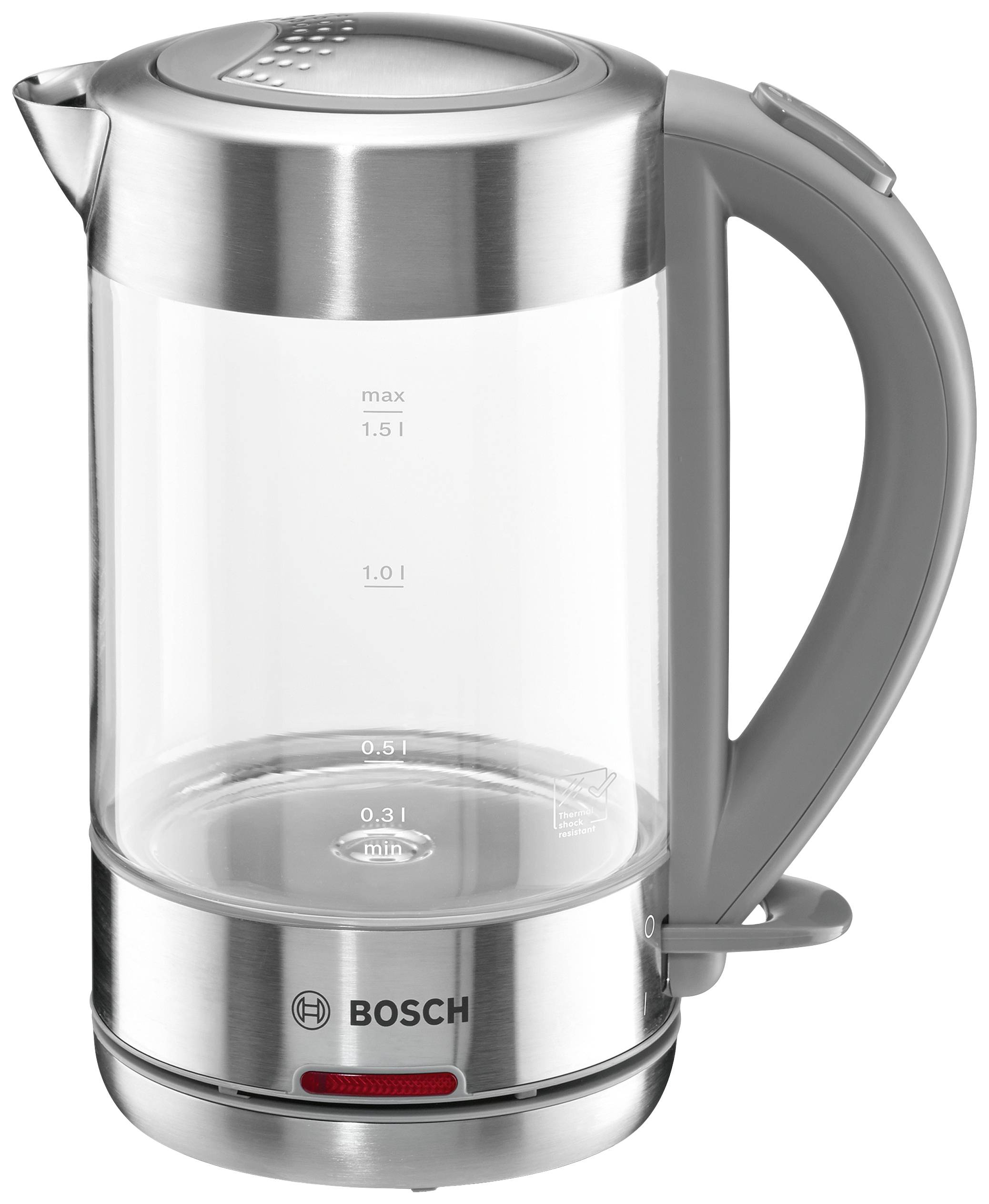 Een transparante waterkoker van het merk Bosch, gemarkeerd op een schaal tot 1,5 liter. Modern en vervaardigd uit roestvrij staal en glas.