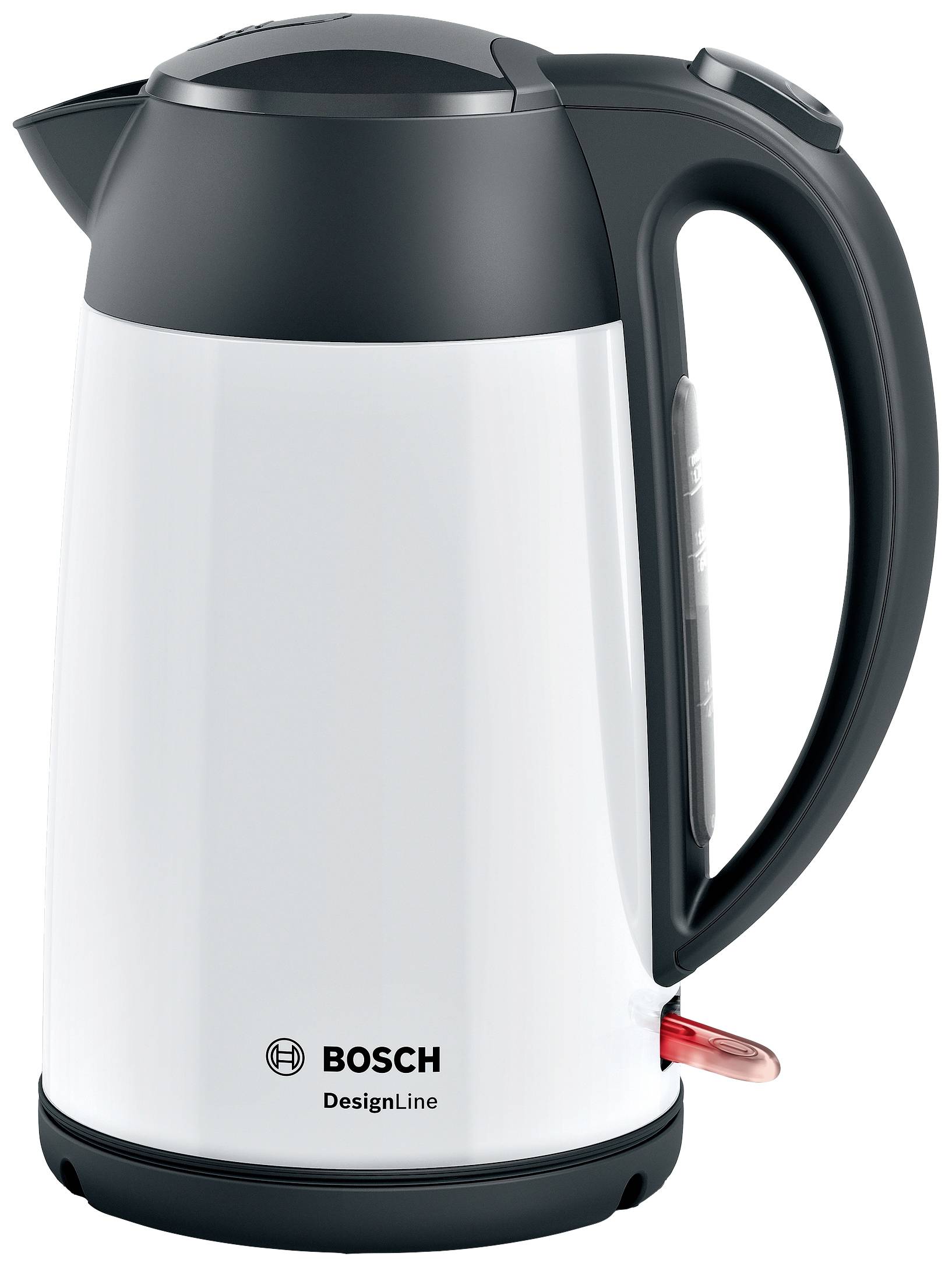 Waterkoker van Bosch, DesignLine, in Wit en Zwart. Modern design met ergonomisch handvat.