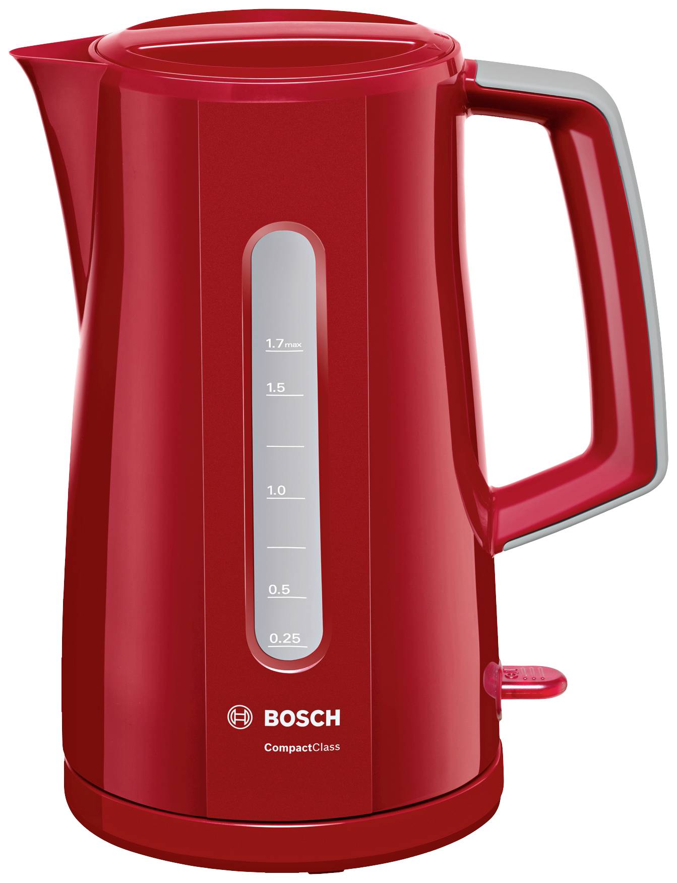 Een rode waterkoker met een transparant maatvenster en schaal in liters, vervaardigd door Bosch.