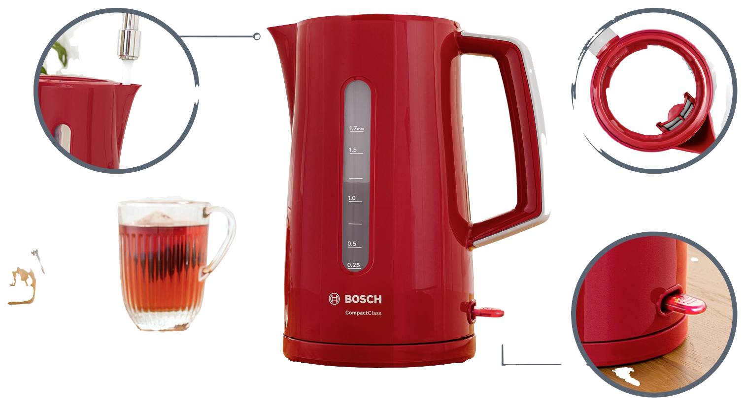 Rode waterkoker van Bosch met 1,7 liter waterstandsindicator. Gedetailleerde weergaven tonen schenktuit, dekselopening en het vullen van kopjes.