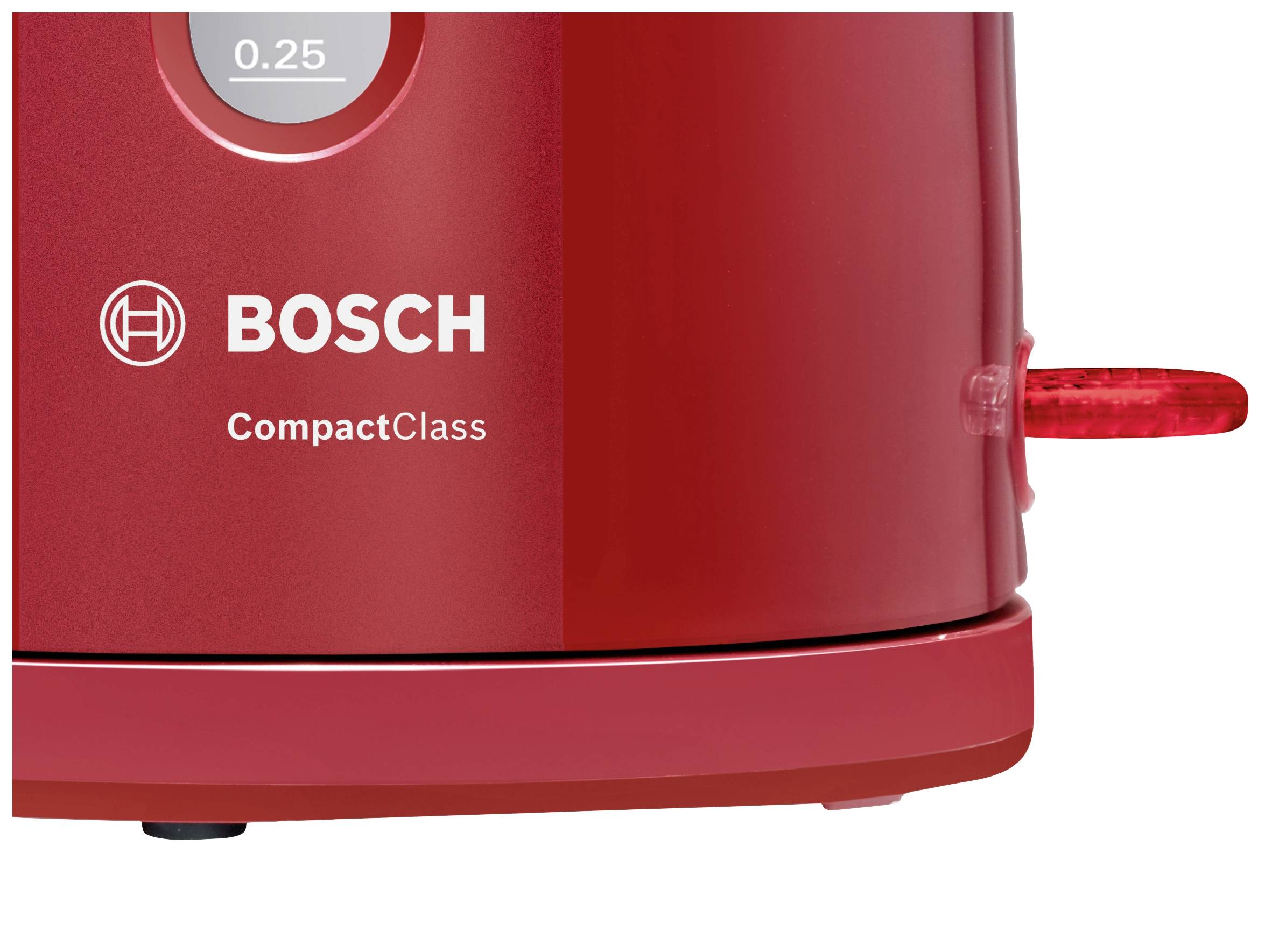 Rode Bosch CompactClass Broodrooster met instelknop rechts. Merklogo en schaal voor bruiningsgraad zichtbaar.