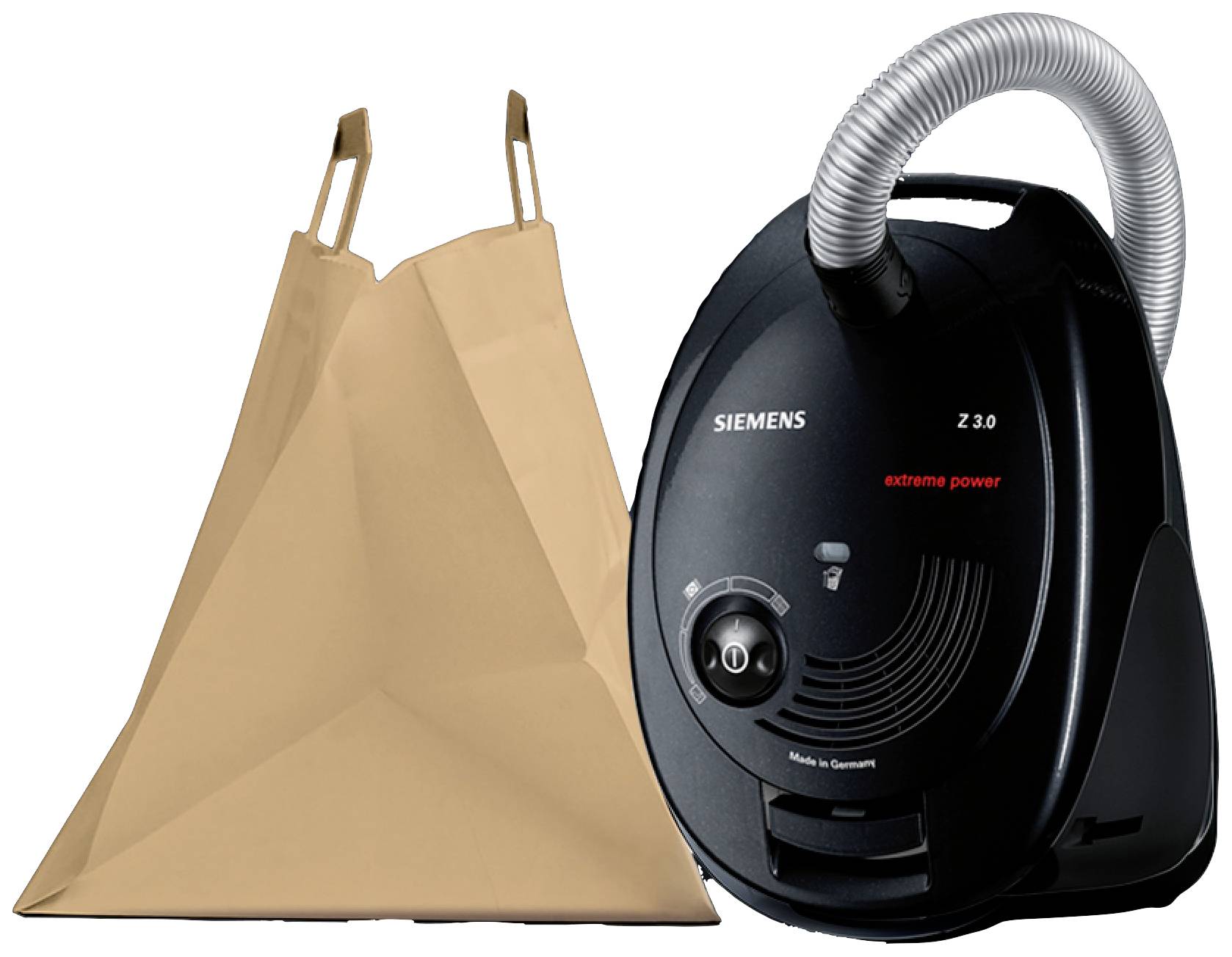 Een Siemens stofzuiger naast een beige papieren stofzak, die dient voor het opvangen van stof.
