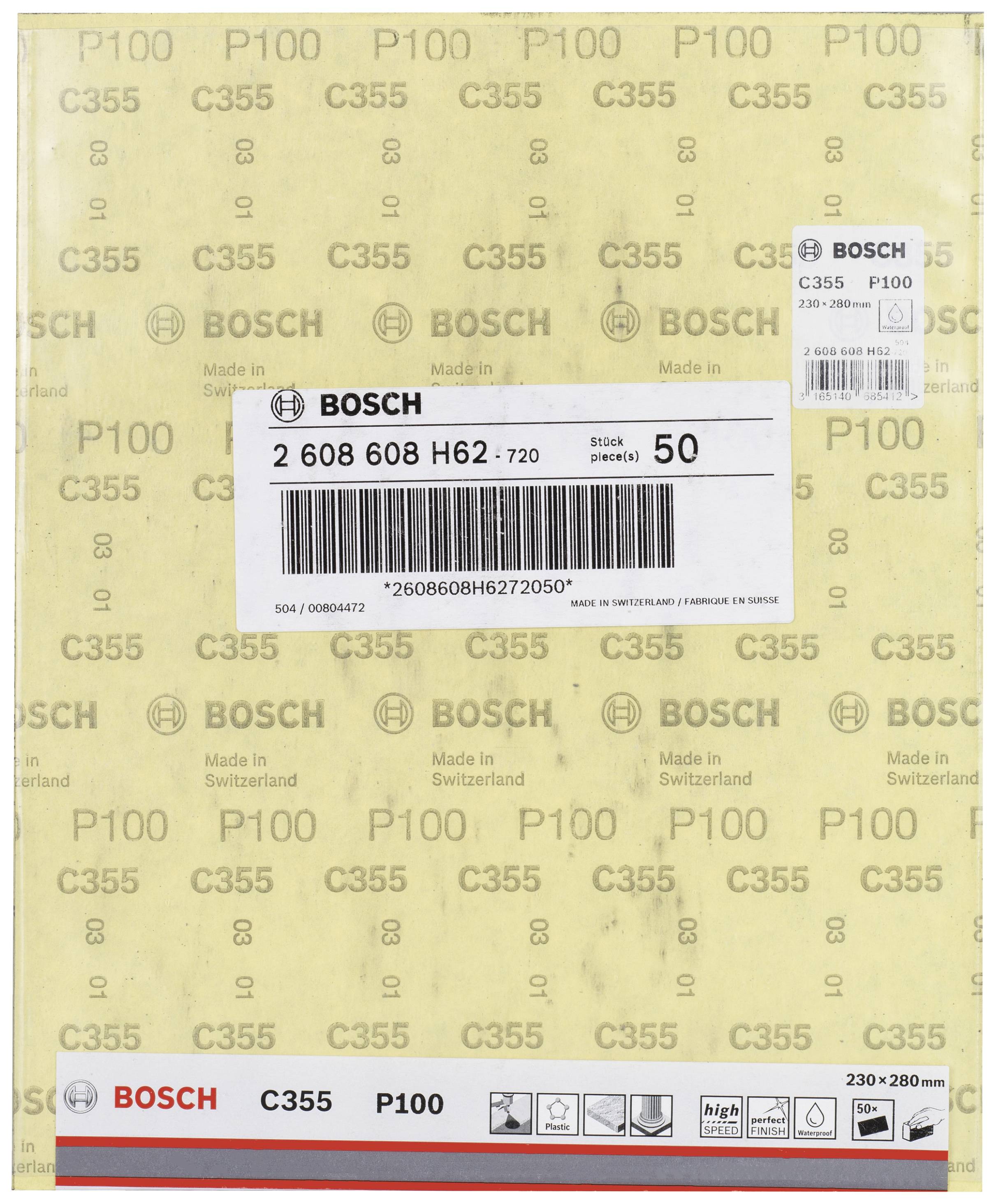 Een Bosch schuurpapier-pakket, model C355, korrelgrootte P100. Bevat 50 stuks, afmeting 230x280 mm, 'Made in Switzerland'.