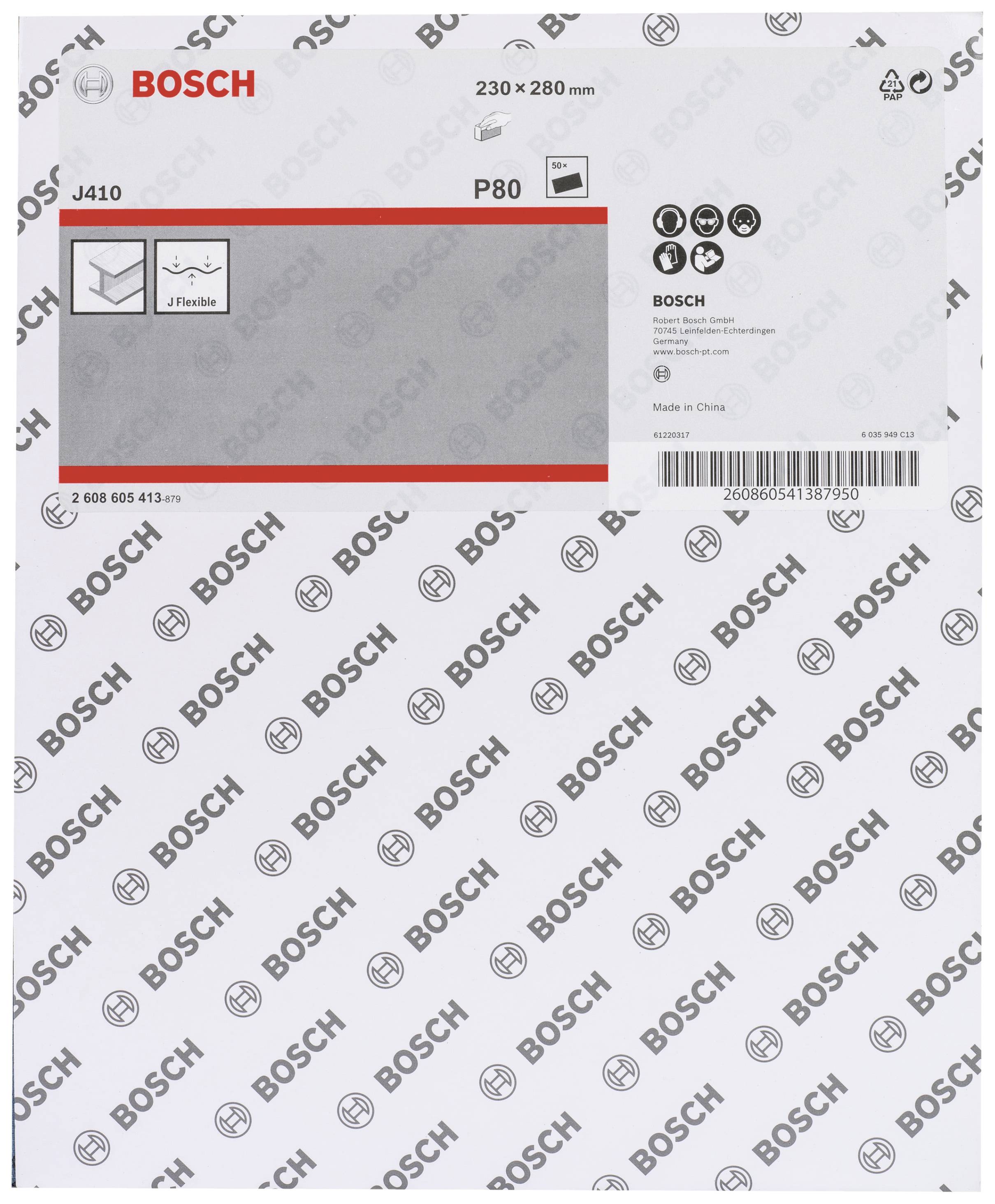 Bosch schuurpapier, P80, flexibel ontwerp, afmetingen 230x280 mm. Verpakking toont logo en gebruiksaanwijzing.