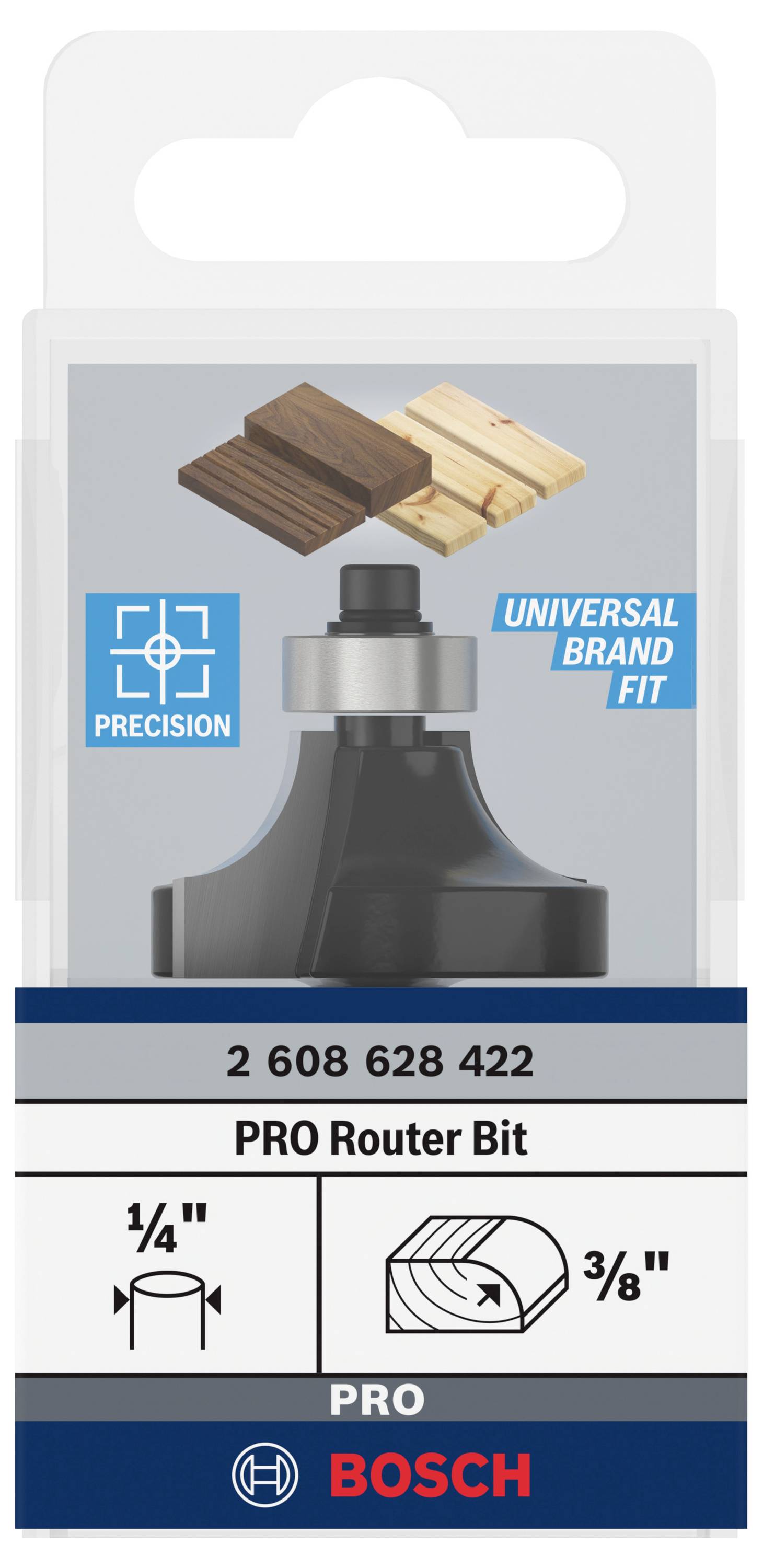 'Bosch PRO Frees, Precisie, Universele Merk Pasvorm, voor Houtbewerking, 1/4 inch Schachtdiameter, 3/8 inch Snijbreedte.'