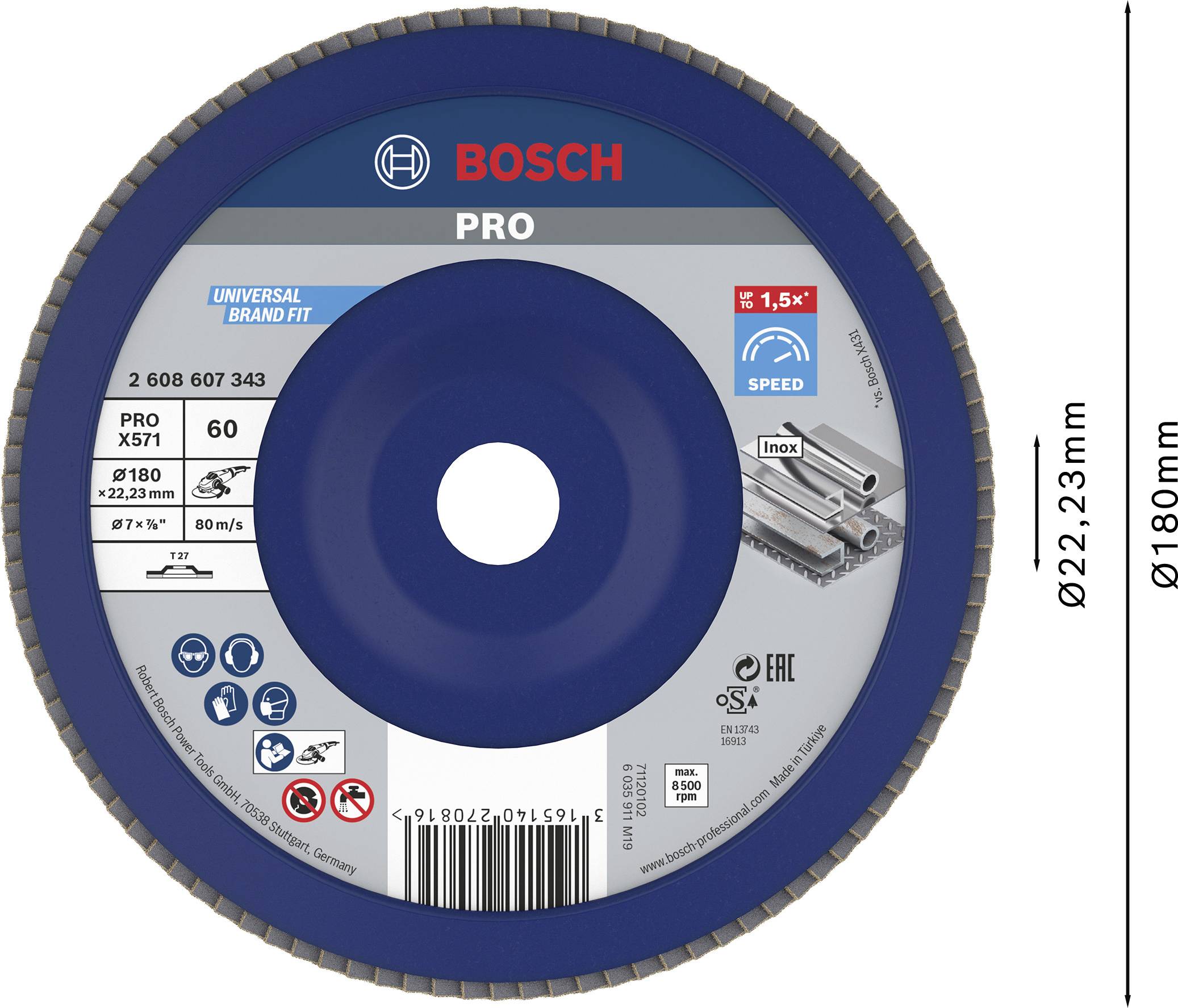 'Bosch Pro' doorslijpschijf voor roestvrij staal, 180mm diameter, 22,23mm boring, 'Universal' pasvorm, voor haakse slijper, max. 80 m/s.