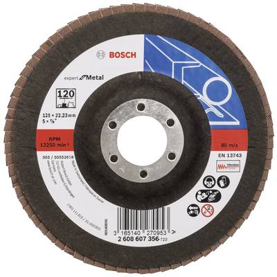 Bosch slijpschijf voor metaal, 125 mm diameter, korrelgrootte 120, maximale toerental 12.250 rpm, toont symbolen voor toepassingen.