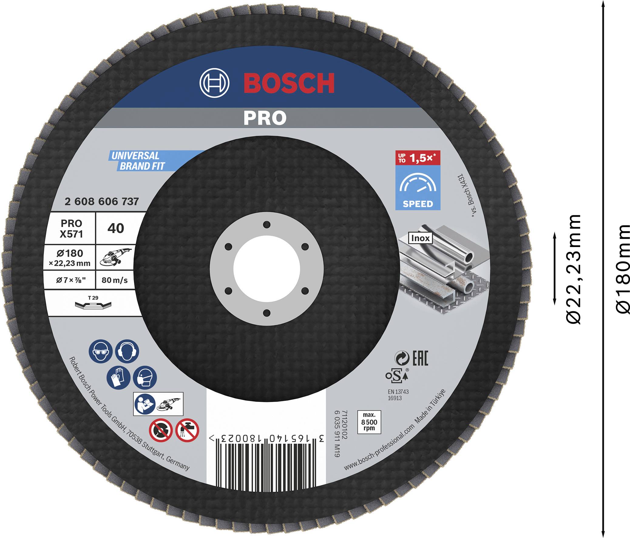 'Bosch doorslijpschijf PRO voor metaal, diameter 180mm, dikte 2,23mm, boring 22,23mm. Geschikt voor inox, maximaal toerental 8.500 omw/min.'