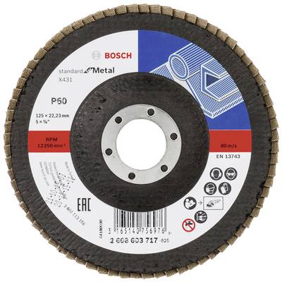 Slijpschijf voor metaalbewerking. Bosch Standard X431, P60 korrelgrootte, 125 x 22,23 mm, maximale toerental: 12.250 rpm, 80 m/s.