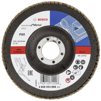 Een BOSCH slijpschijf voor metaal, model X431, korrelgrootte P80, diameter 125 mm, maximaal toerental 12250 rpm, norm EN 13743.