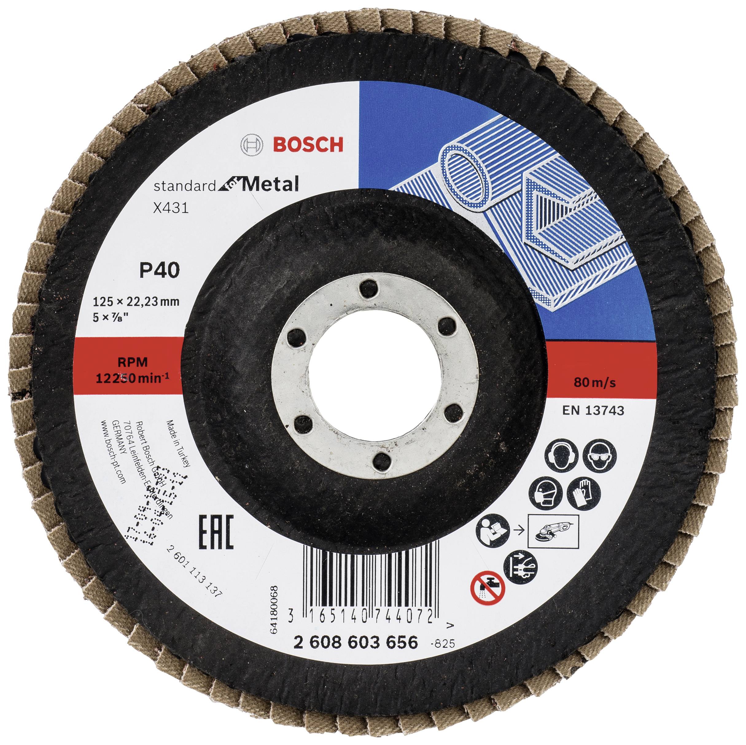 'Grinding disc for metal with grit P40, 125 x 22.23 mm. Brand: Bosch. Contains technical specifications such as speed range and standards.'