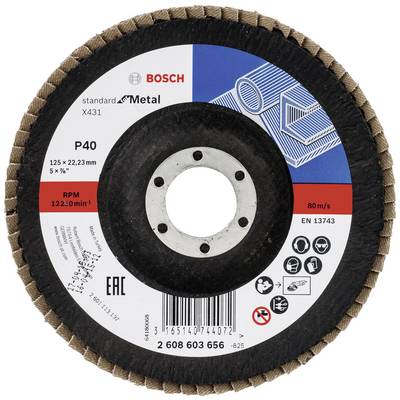 'Grinding disc for metal with grit P40, 125 x 22.23 mm. Brand: Bosch. Contains technical specifications such as speed range and standards.'