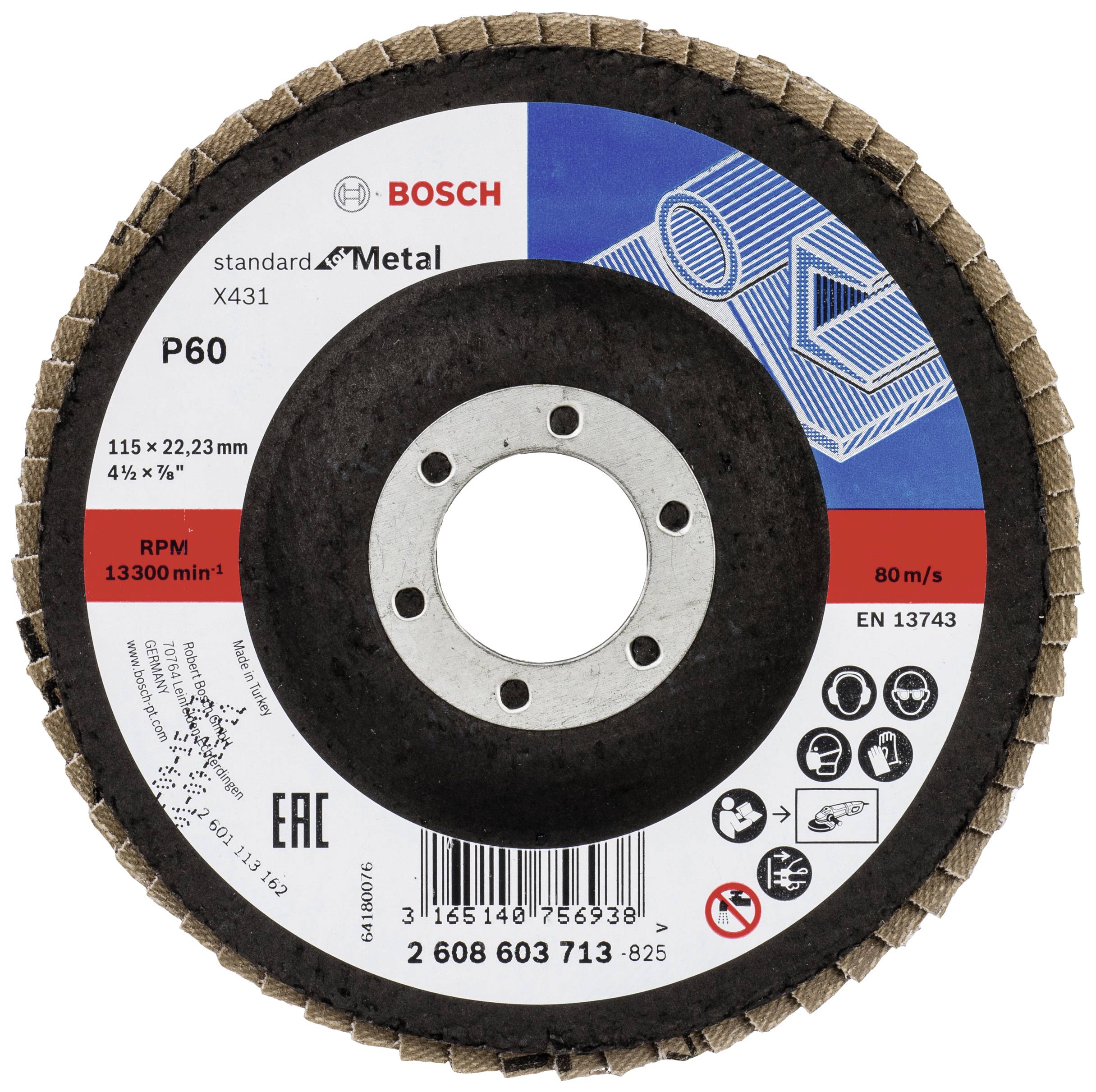 'Slijpschijf voor metaal, Bosch Standaard, P60, 115 x 22,23 mm, maximaal 13300 toeren/min; Symbolen: Oogbescherming, Gehoorbescherming, Handbescherming.'