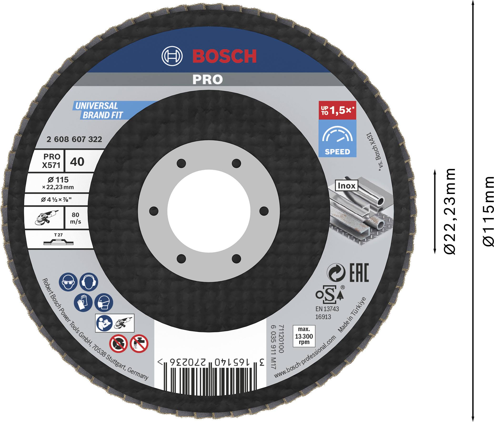 Slijpschijf van Bosch, diameter 115 mm, boring 22,23 mm, geschikt voor inox materialen, maximale toerental 13.300 omw/min.