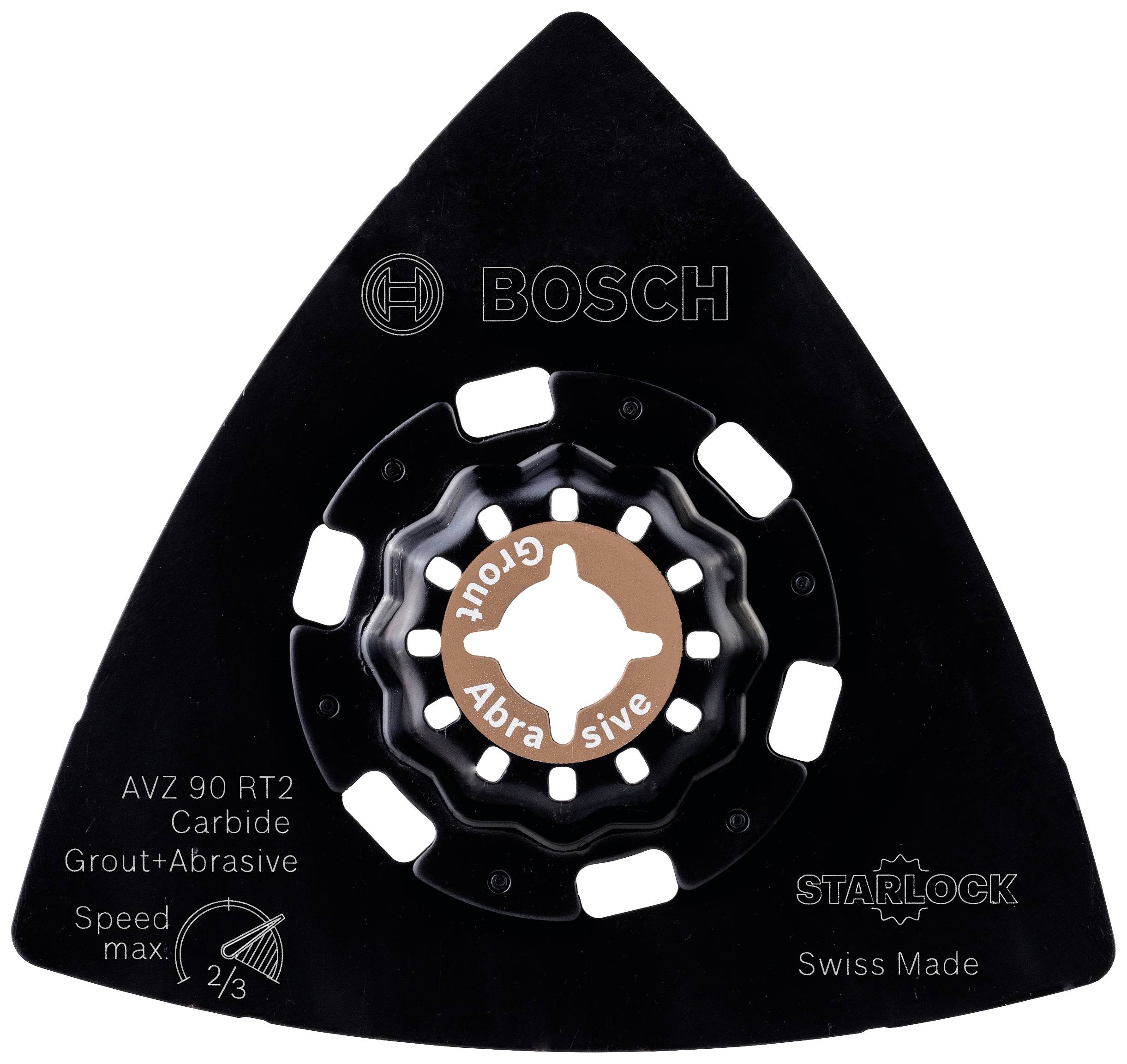 Driehoekige schuurkop met Bosch-logo, 'AVZ 90 RT2', voor voegen en slijtage. 'Carbide Grout Abrasive', geproduceerd in Zwitserland.