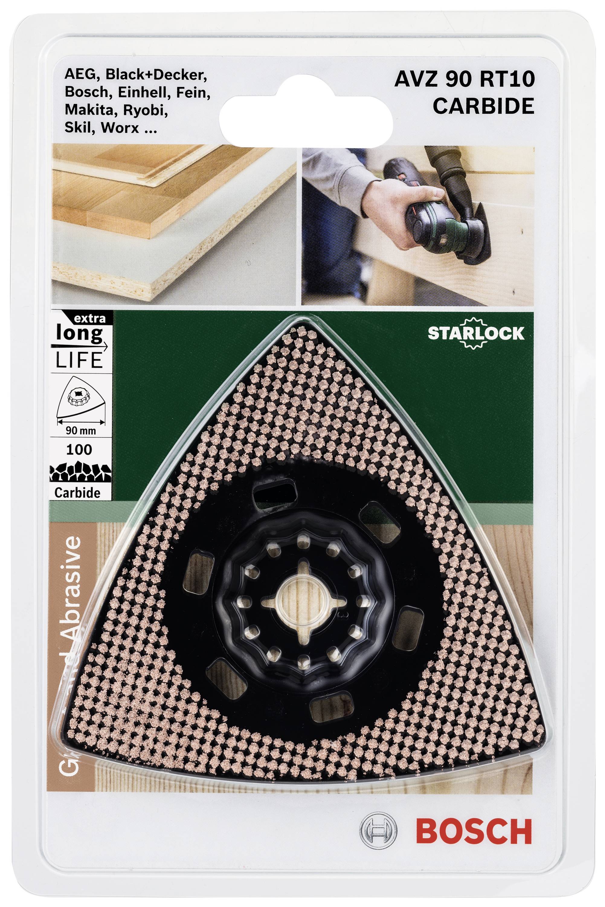 Bosch AVZ 90 RT10 Carbide Slijpplaat in verpakking. Geschikt voor apparaten van merken zoals AEG, Makita en meer. Ideaal voor harde oppervlakken.