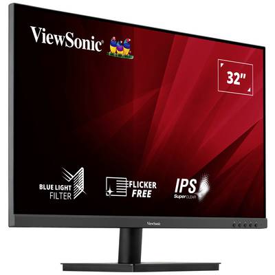Een 32-inch ViewSonic-monitor met blauwlichtfilter, Flicker Free en IPS SuperClear-technologie tegen een rode achtergrond.