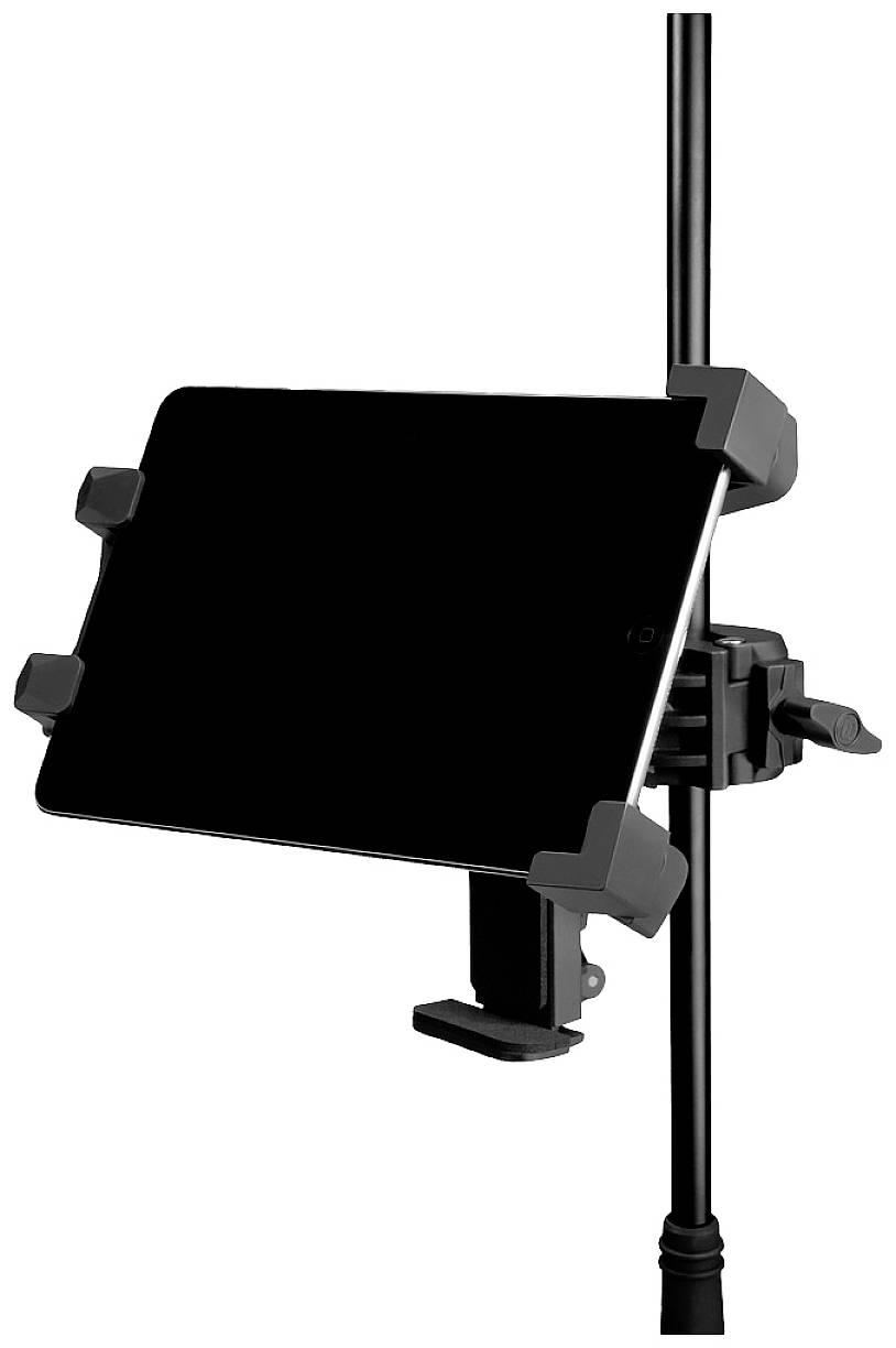 Tablethouder, bevestigd aan een statief, houdt een tablet in horizontale positie. Ideaal voor presentaties of muziekpartituren.