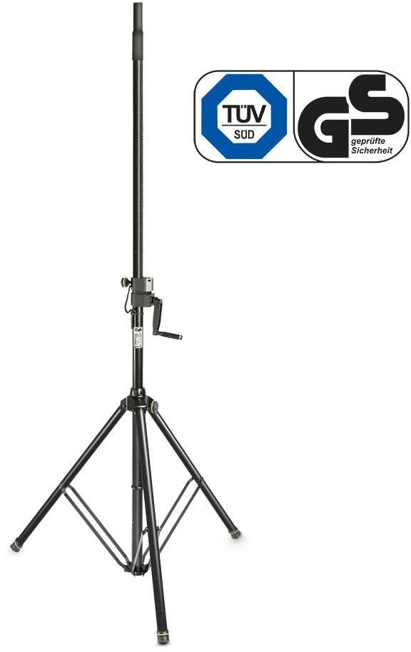 Zwart statief met handslinger voor hoogteaanpassing, GS-keurmerk voor veiligheid rechtsboven. Ideaal voor verlichting of luidsprekers.