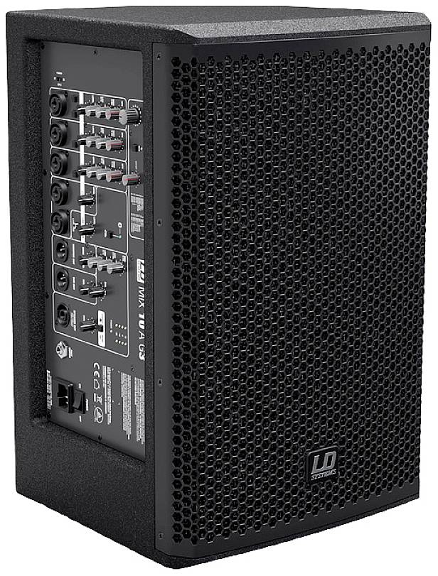 'Zwarte luidspreker met meerdere aansluitingen en regelaars aan de achterkant, geschikt voor professionele audio-toepassingen.'