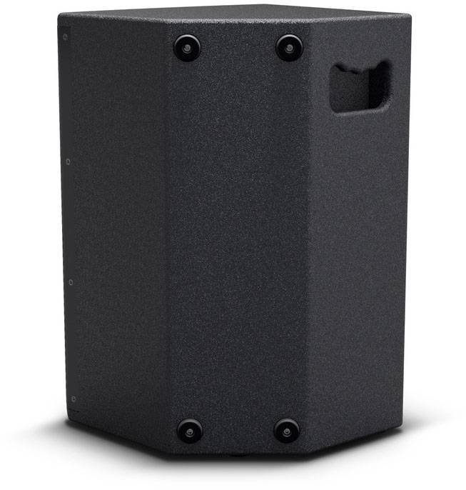 Zwarte luidsprekerbehuizing met handgreep aan de zijkant en meerdere bevestigingspunten aan de voorkant.