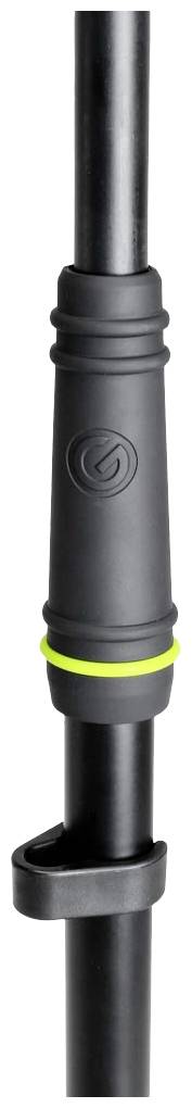 Een zwarte steel van een bezem of dweil met een groen gemarkeerde ring in het midden en een rubberen handgreep.