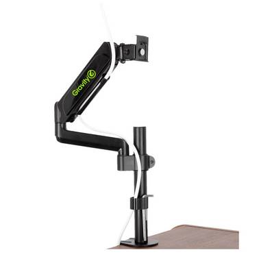 Een zwarte monitorarm van Gravity, gemonteerd aan een tafel. De arm heeft kabelclips en biedt flexibele monitormontage.