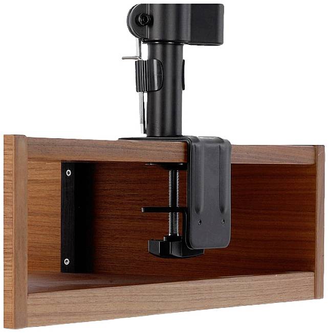Klembare houten tafelbeugel met metalen arm. Ideaal voor het bevestigen van apparaten aan de tafelrand voor extra opslagruimte.