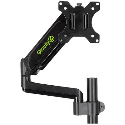 Zwarte, verstelbare monitorarm van Gravity voor ergonomische beeldschermpositionering, met draaibaar scharnier en groen logo.
