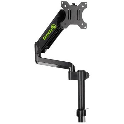 Zwarte monitorarm van Gravity, bevestigd aan een verticale standpaal. Flexibel scharnier voor hoogteregeling.