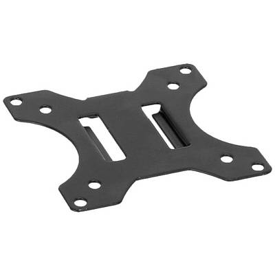 Een zwart, metallisch montagemechanisme met meerdere gaten, vermoedelijk bedoeld voor het bevestigen van elektronische of mechanische apparaten.