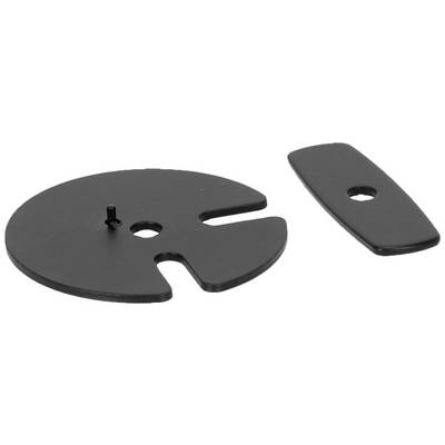 Twee platte, zwarte metalen onderdelen met gaten, een rond met een sleuf, de andere rechthoekig van vorm; blijkbaar mechanische componenten.