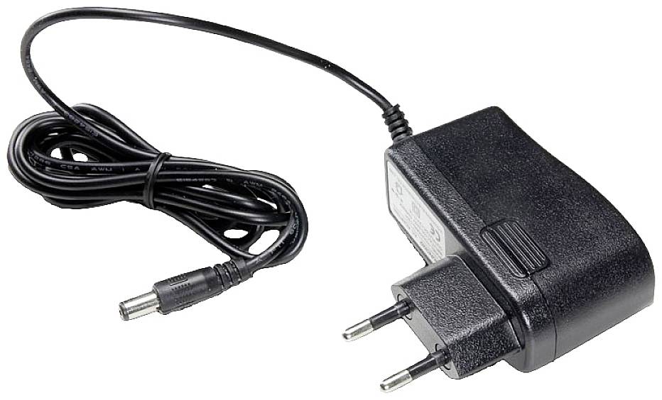 Zwart netsnoer met EU-stekker en dun snoer; wordt gebruikt voor het opladen van elektronische apparaten.