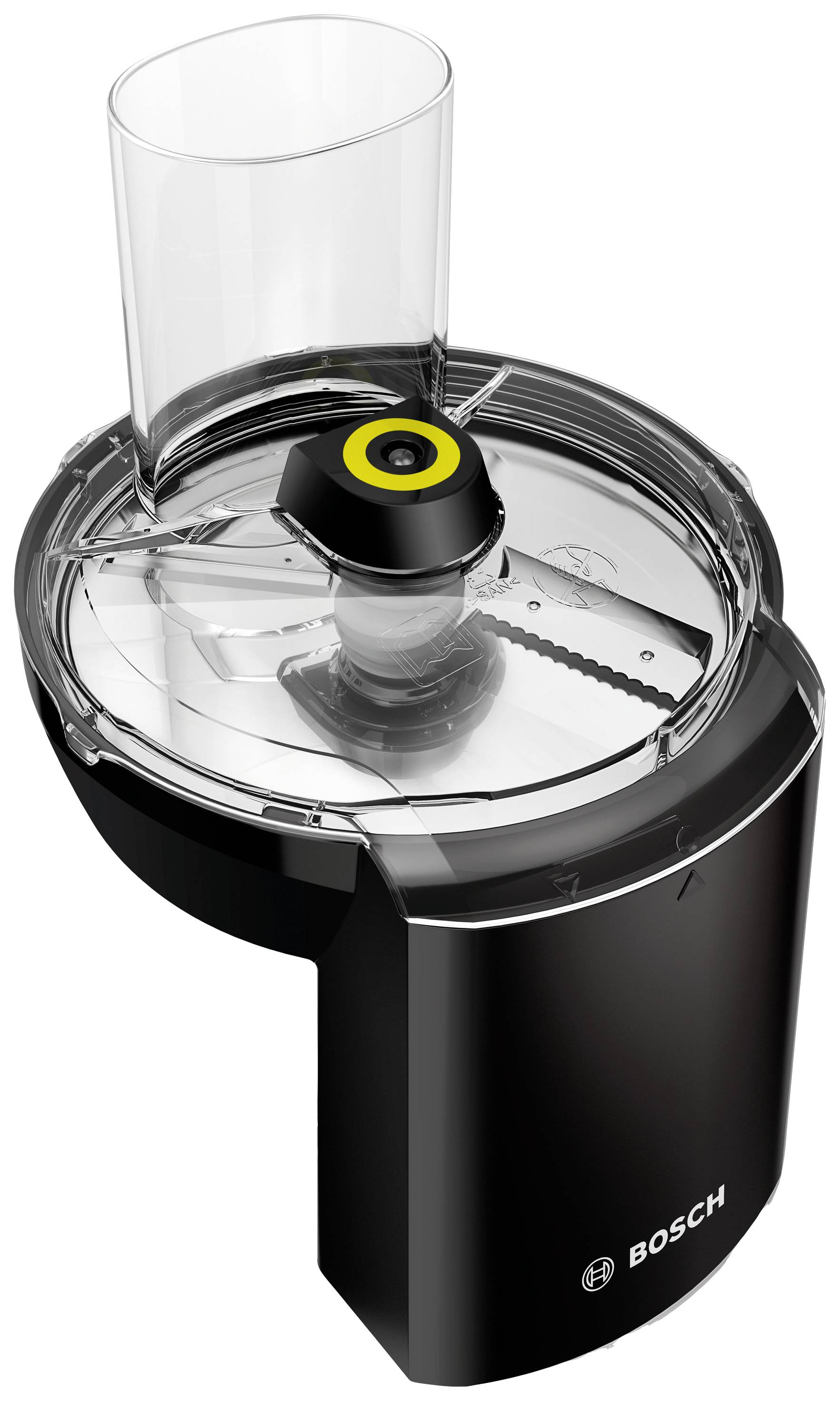 Zwarte Bosch universele keukenmachine met transparante deksel en invoeropening, gebruikt voor het snel snijden van voedingsmiddelen.