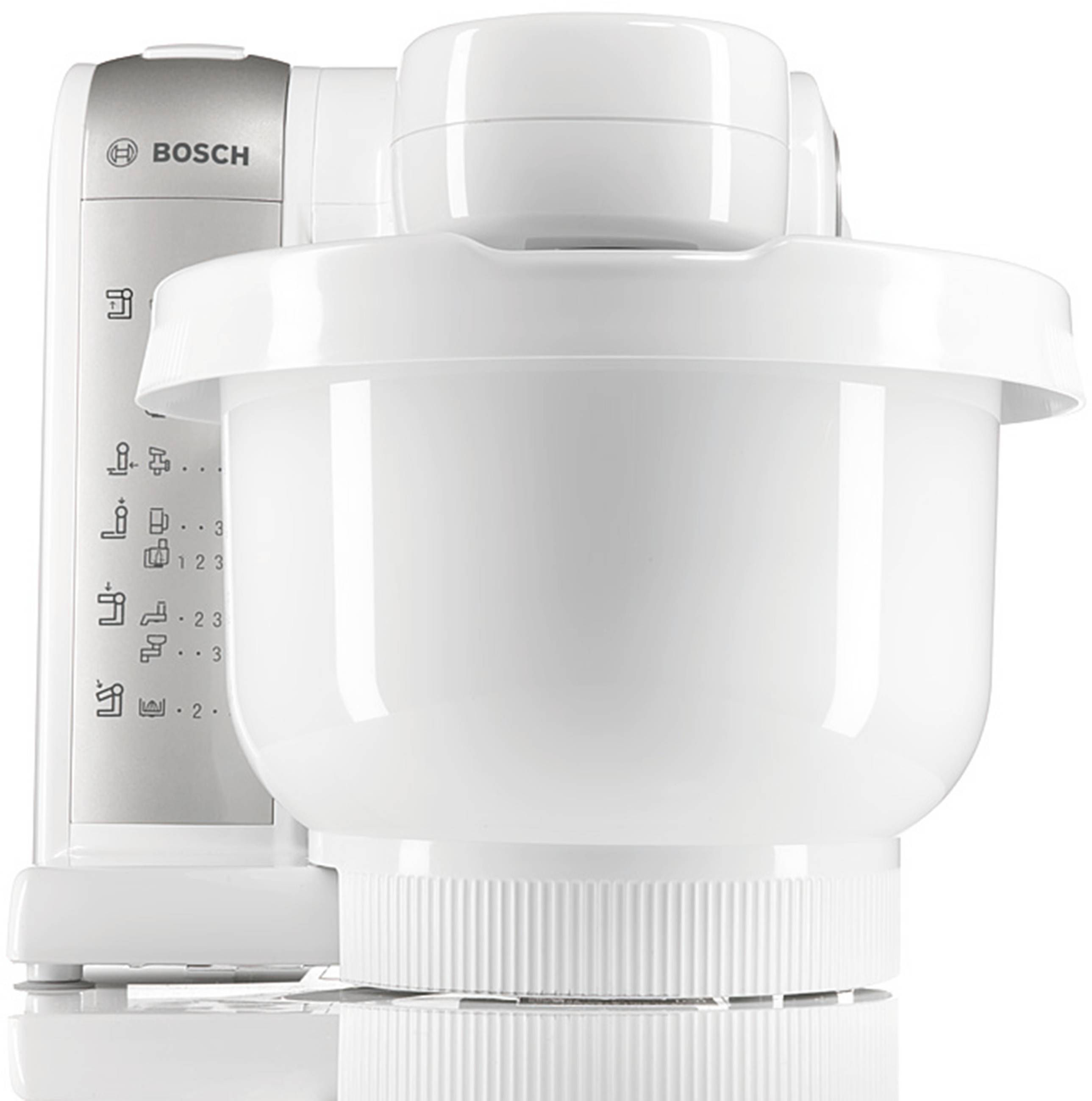 Een witte keukenmachine met een grote mengkom-accessoire. Links bevindt zich een schaal met symbolen voor verschillende instellingen.