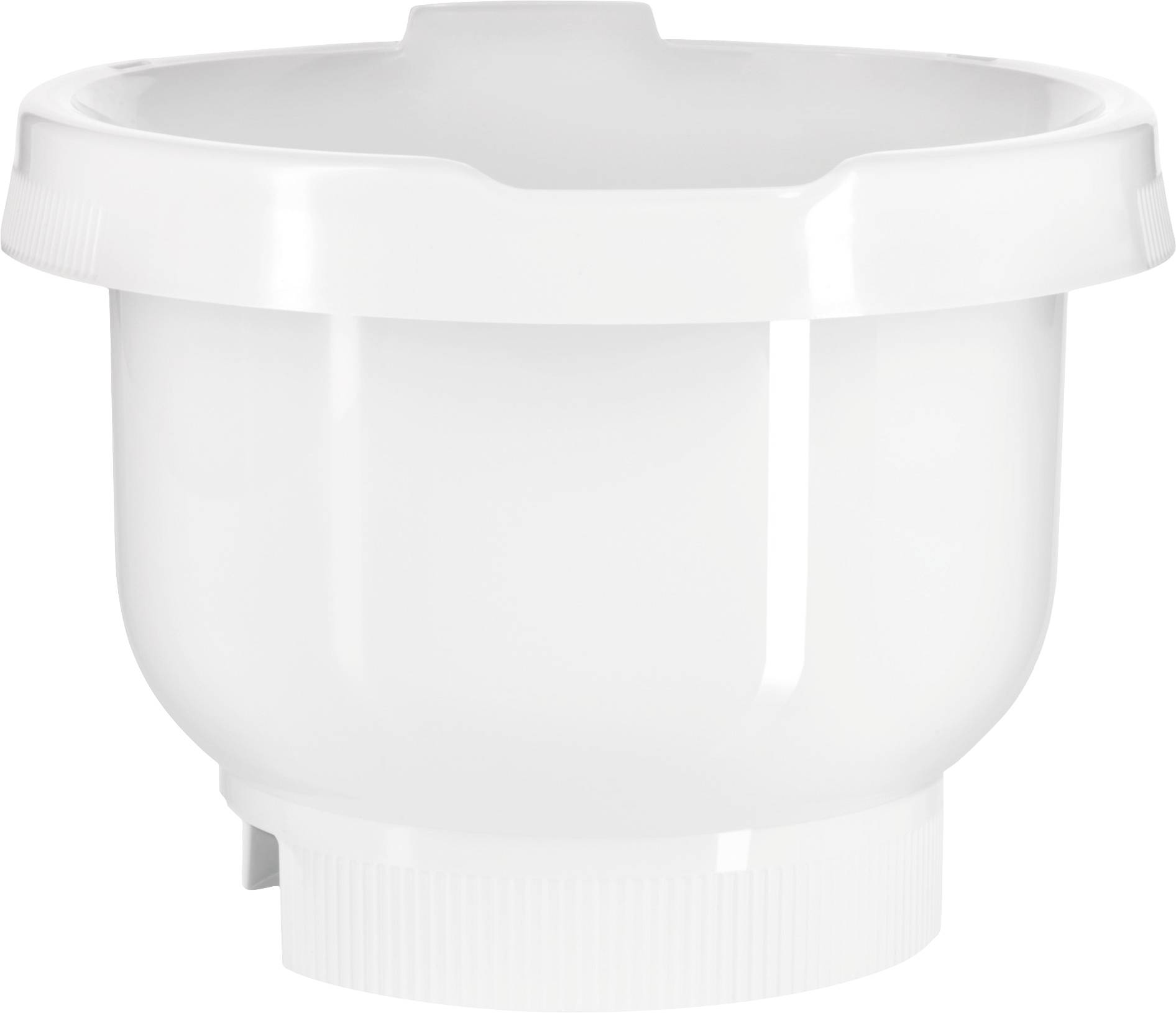 Witte, ronde mengkom met gladde rand, geschikt voor staande mixer of keukenmachine.