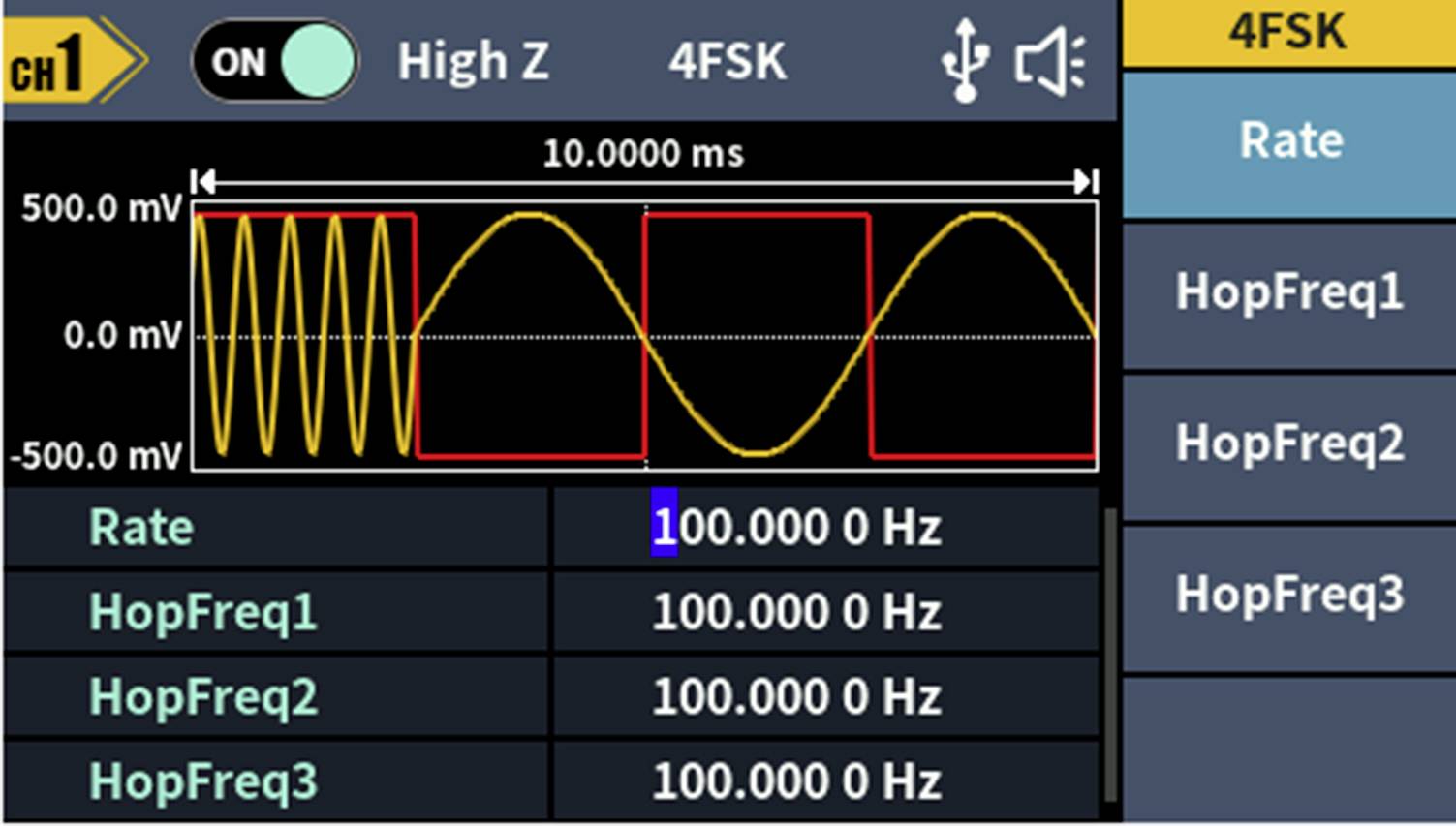 '4FSK-modulatie op een oscilloscoop. Het scherm toont golfvormen en frequentie-instellingen: Rate, HopFreq1, HopFreq2, HopFreq3.'