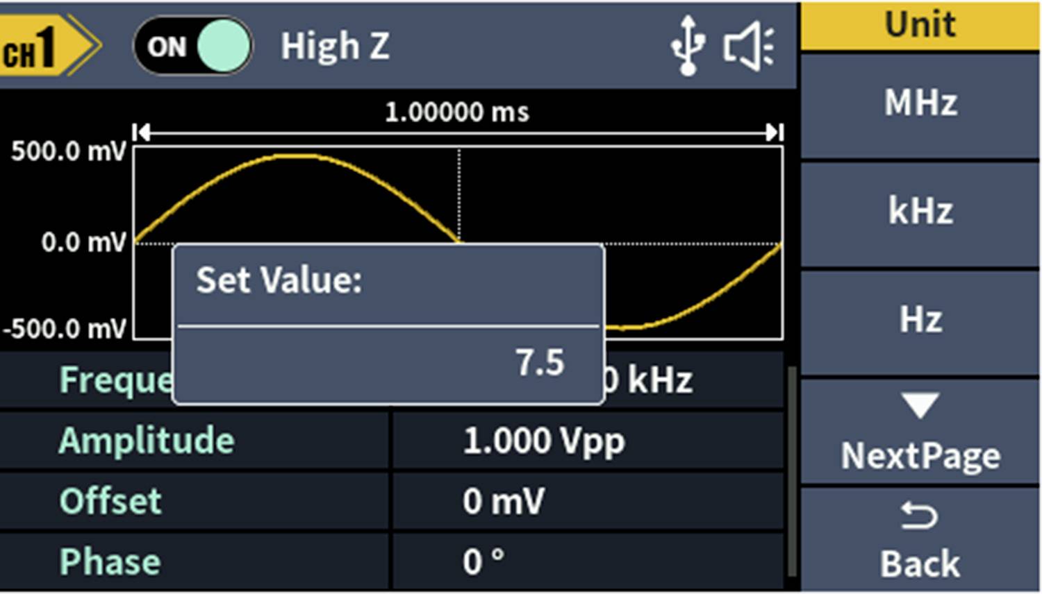 Oscilloscoop-display toont een sinusgolf van 1.00000 ms en 500.0 mV. Invoerveld "Set Value: 7.5". Eenheden: MHz, kHz, Hz.