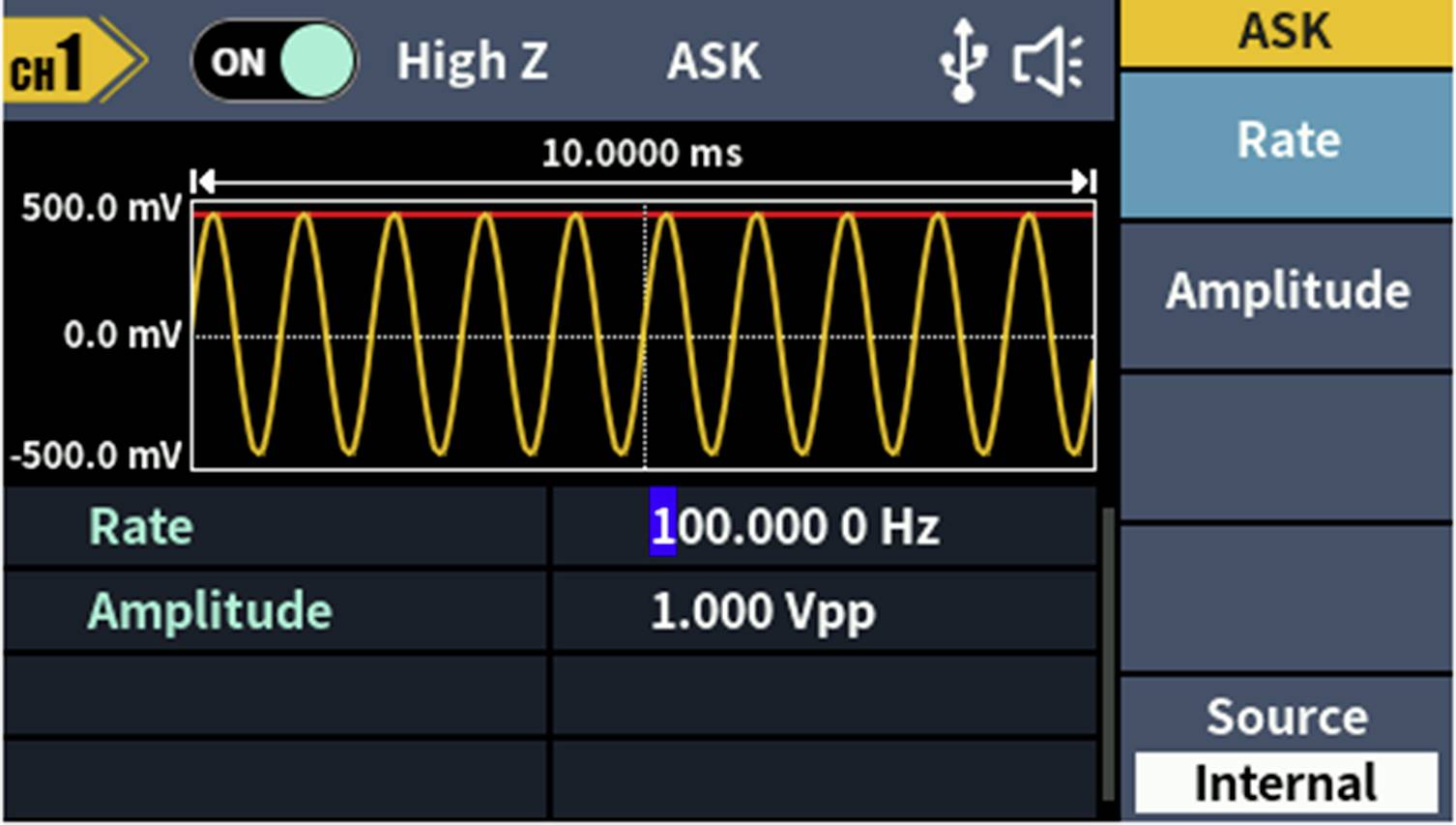 'Oscilloscoopweergave toont sinusvormig spanningssignaal met 0 Hz frequentie en 1.000 Vpp amplitude. ASK-modus is geactiveerd.'