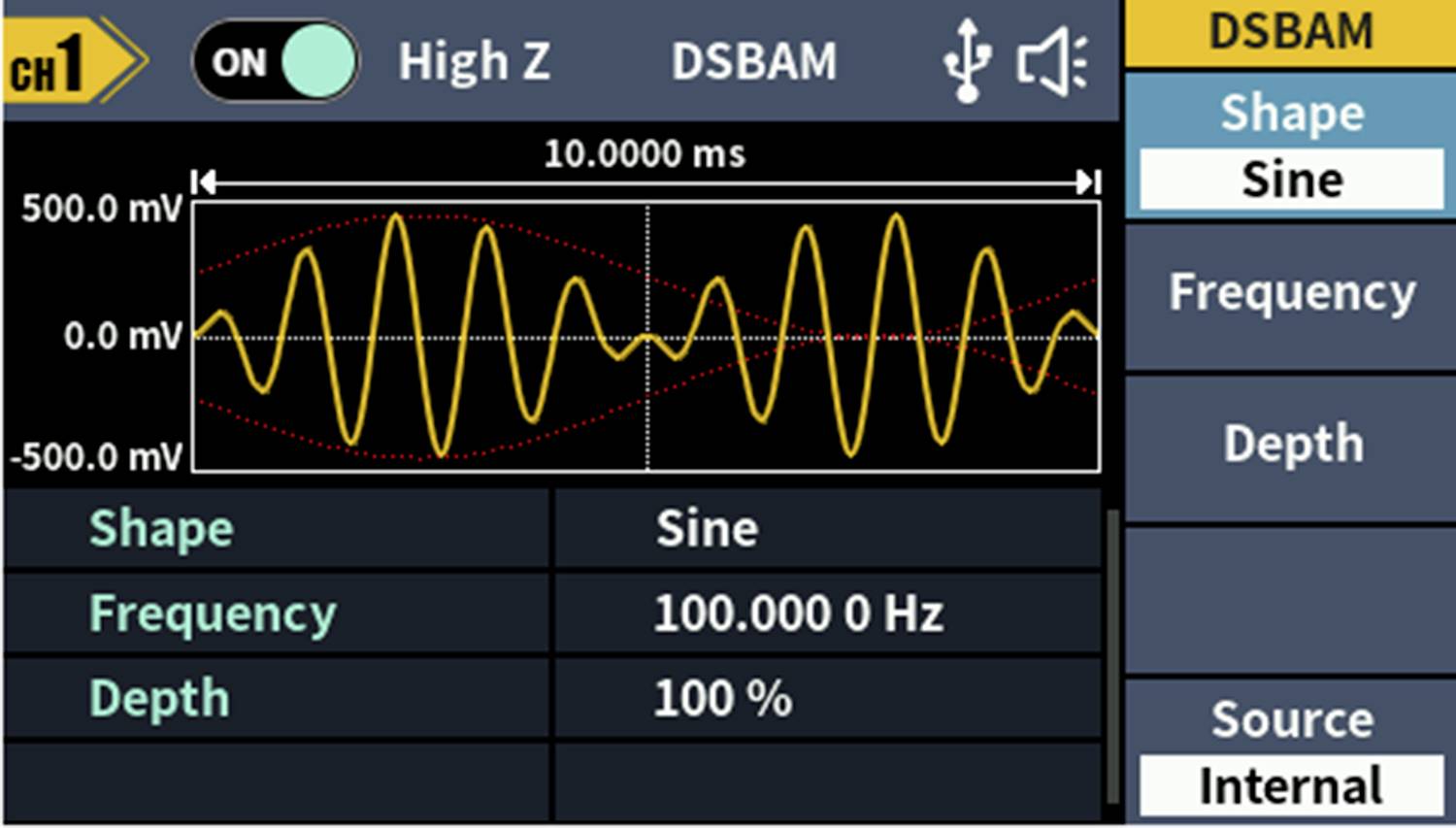 'Oscilloscoopscherm toont een AM-golfvorm.' Hoofdvorm: Sinus; Frequentie: 100 Hz; Diepte: 100%; Bron: Intern.
