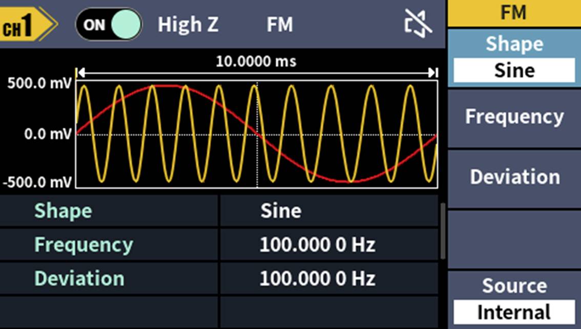 Een oscilloscoopscherm toont een gele sinusgolf en een rode lijn. Instellingen: 'Vorm: Sinus', 'Frequentie: 100.000 Hz'.