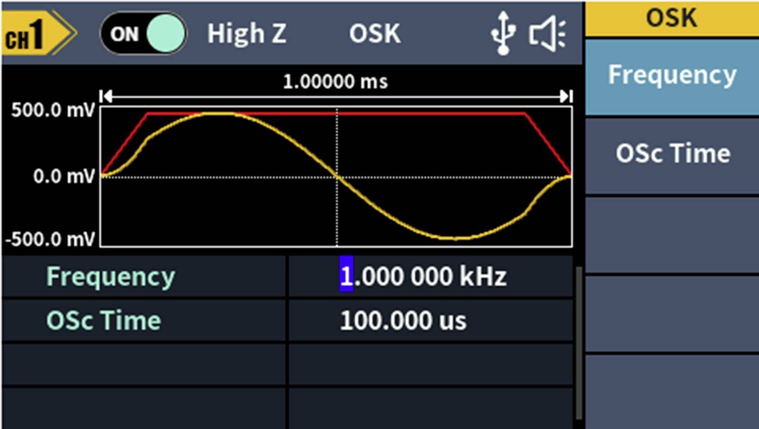 Oscilloscoopscherm toont een sinusgolf met een frequentie van 1 MHz en een duur van 100 µs. Frequentie en oscillatietijd worden gemarkeerd.